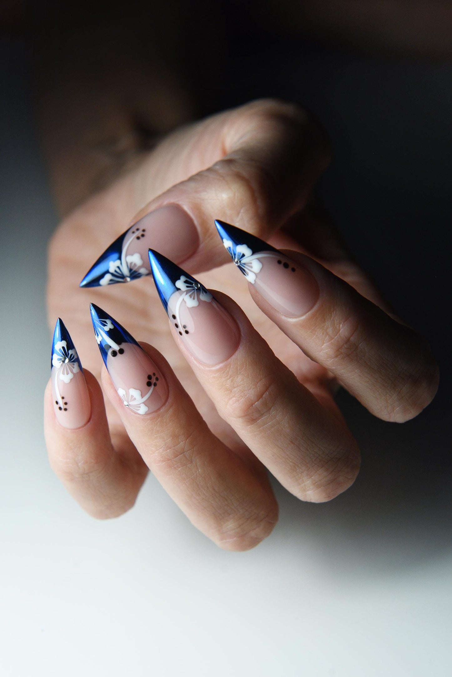 Chrome Floral Stiletto Press On Nails – Navy French Tip Nails – Separated Chrome Nails – Long Handmade Fake Nails – Elegant Nail Set – Luxury Handmade Reusable Press On Nails