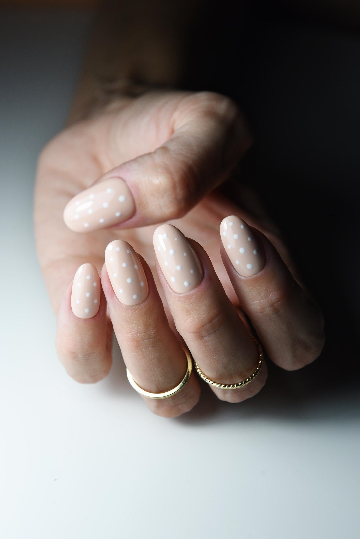 Nude Press On Nails with White Polka Dots – Short Oval Gel Nails – Minimalist Natural Nail Set – Reusable Cute Fake Nails Handmade