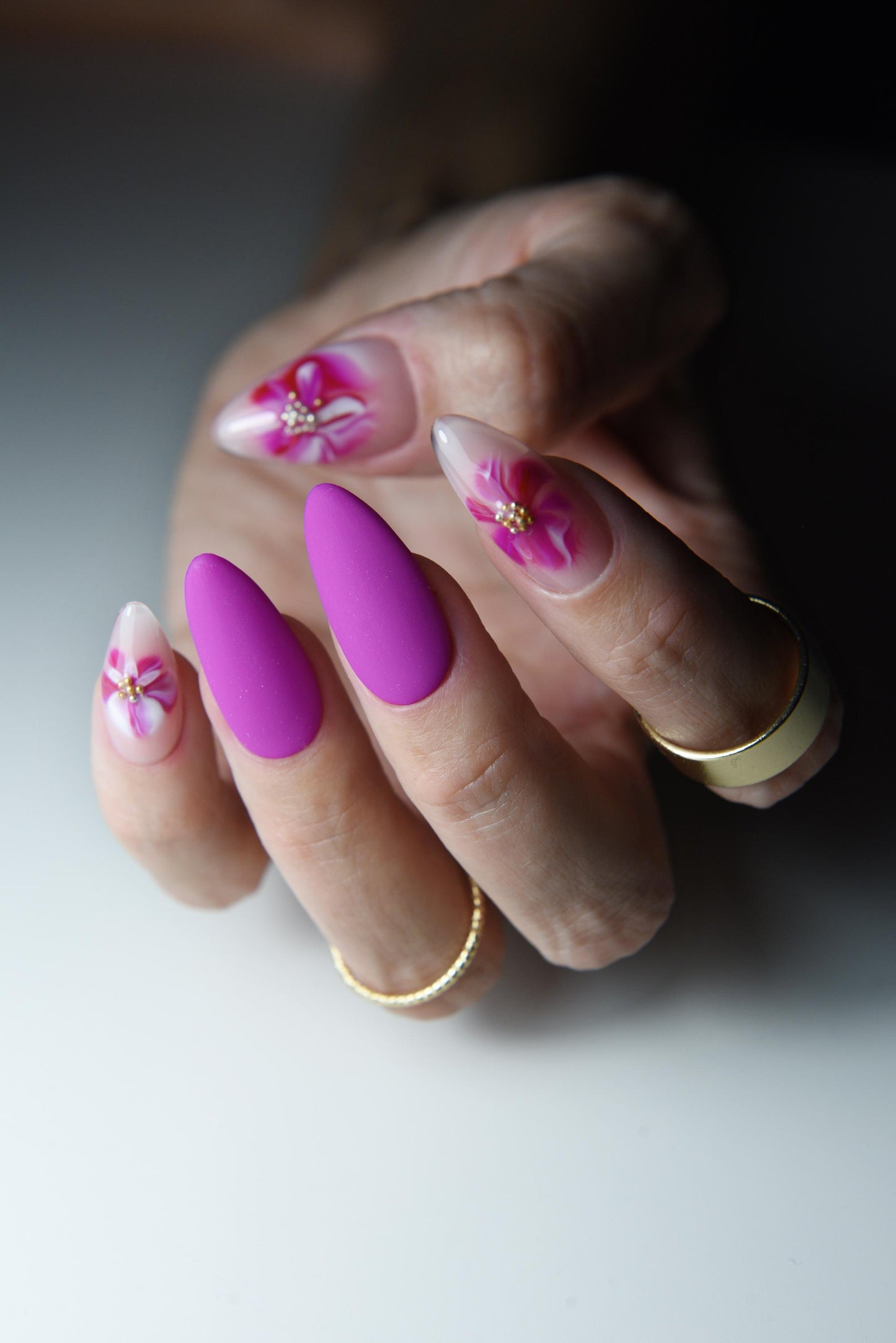 3D Floral Press-On Nails – Orchid Pink Matte Almond Nails – Handmade Reusable Nail Set – Luxury Handmade Reusable Press On Nails