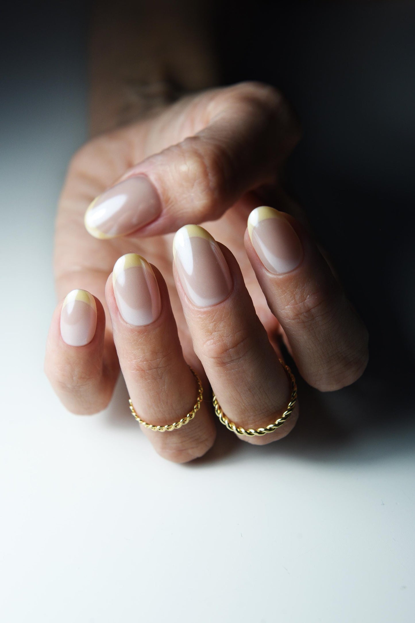 Butter Yellow French Tip Press-On Nails – Almond Shape Glazed Nude Nails – Pearl Chrome Finish – Spring Reusable Nail Set – Luxury Handmade Reusable Press On Nails