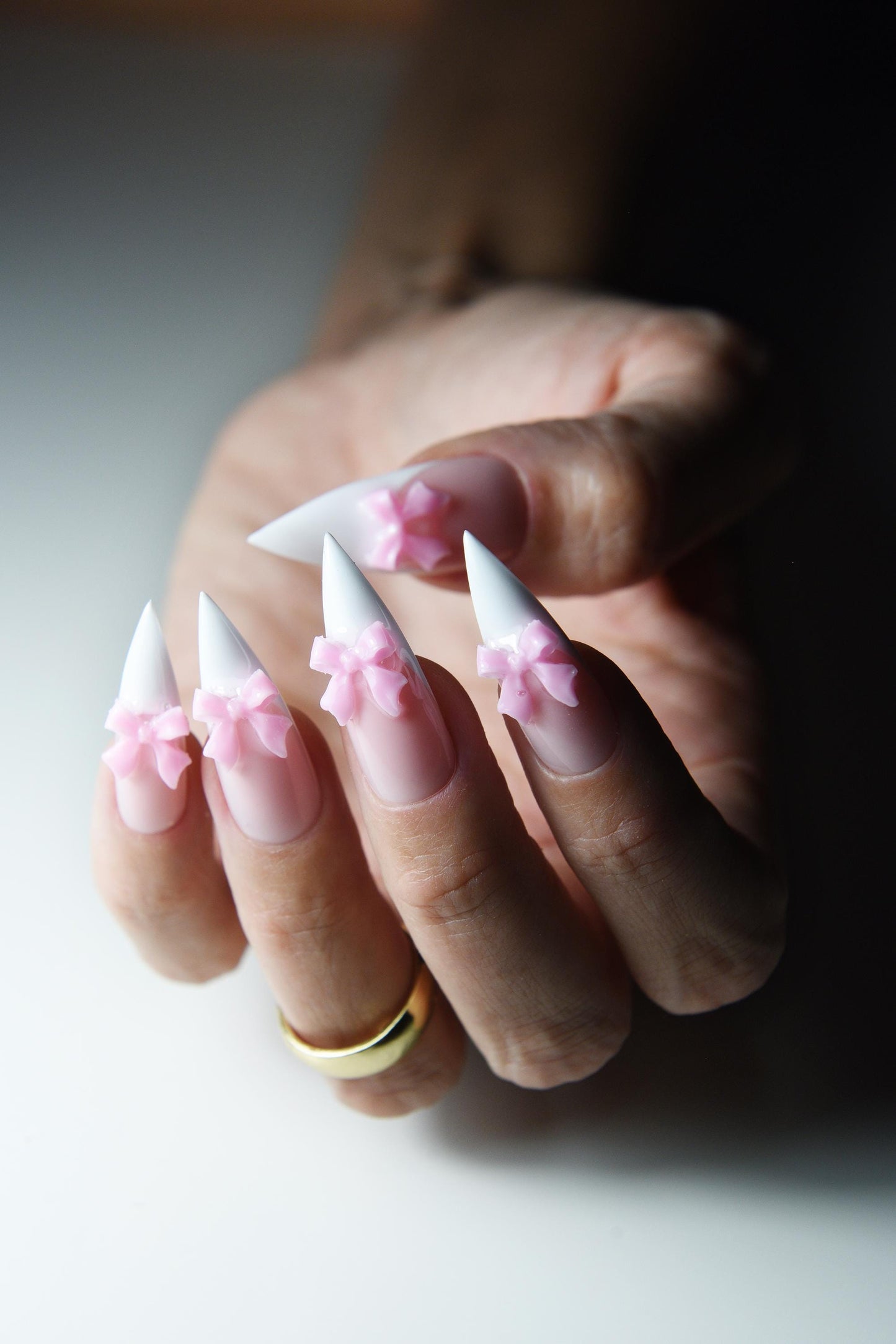 3D Bow Press-On Nails – White French, Kawaii Pink Ribbon, Handmade