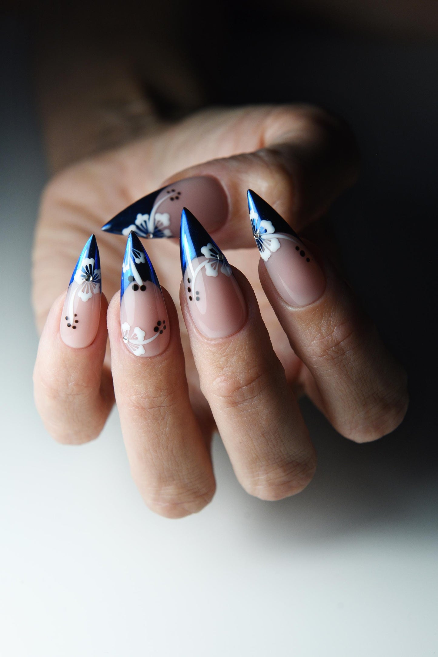 Chrome Floral Stiletto Press-On Nails – Navy French Tip, Handmade & Reusable