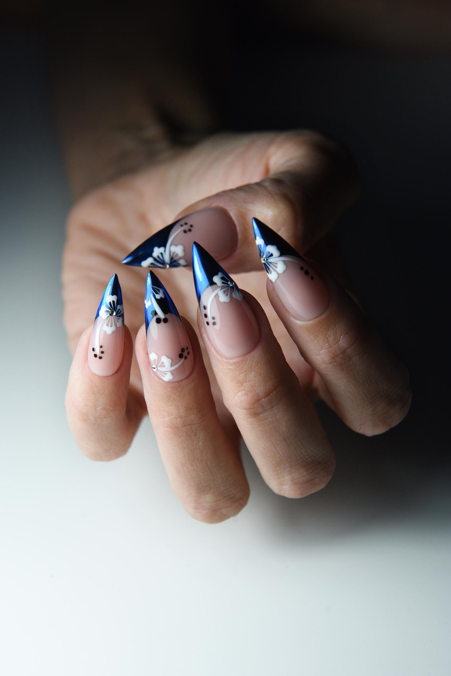 Chrome Floral Stiletto Press-On Nails – Navy French Tip, Handmade & Reusable