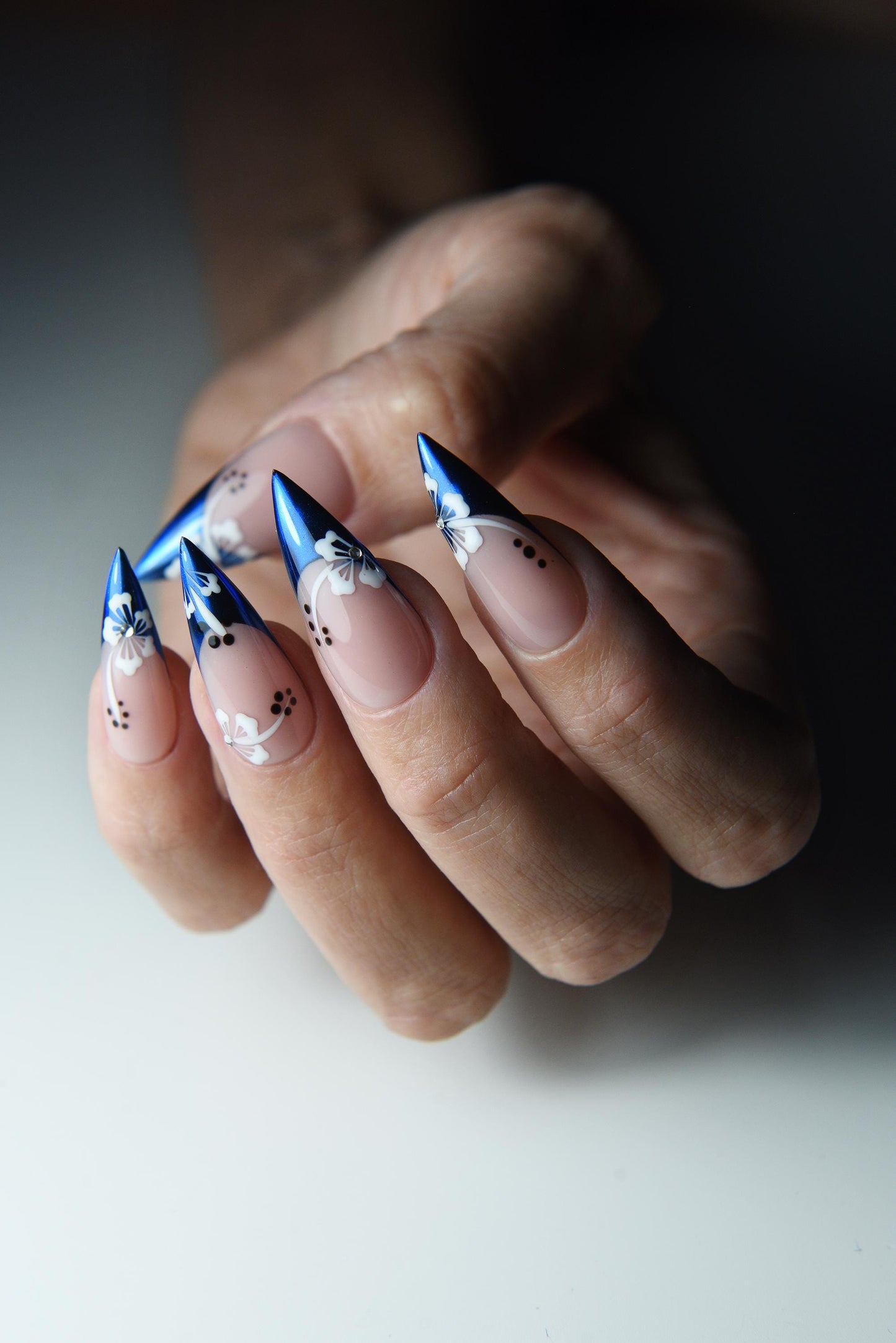 Chrome Floral Stiletto Press-On Nails – Navy French Tip, Handmade & Reusable
