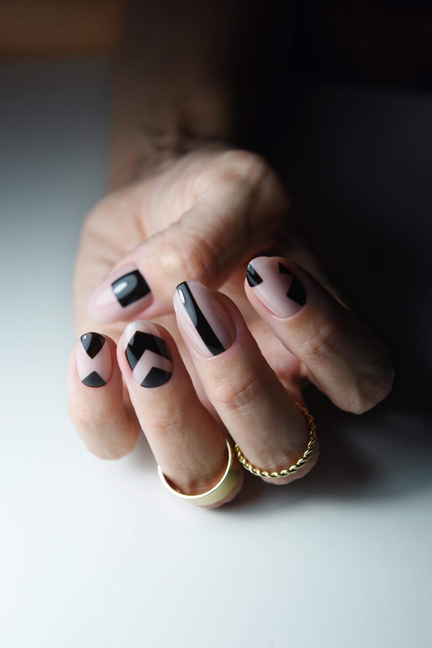 Black Graphic Press On Nails – Handmade Abstract Nude Nail Art | Custom Shape, Reusable Modern Set