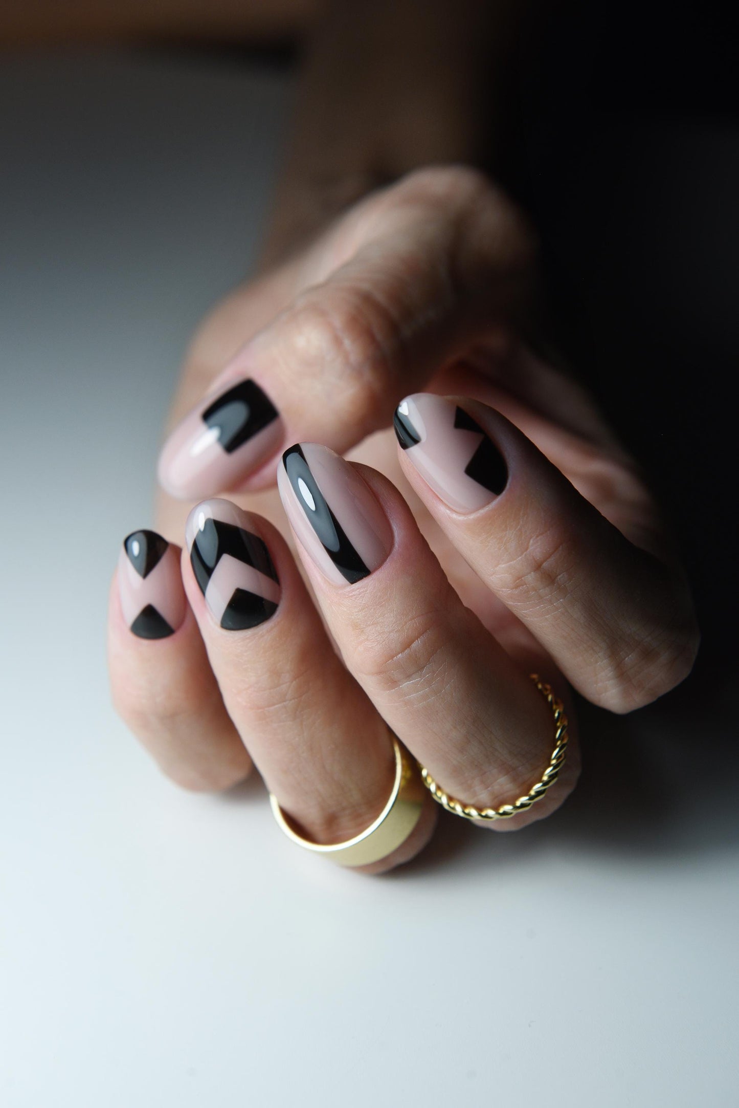 Black Graphic Press On Nails – Handmade Abstract Nude Nail Art | Custom Shape, Reusable Modern Set