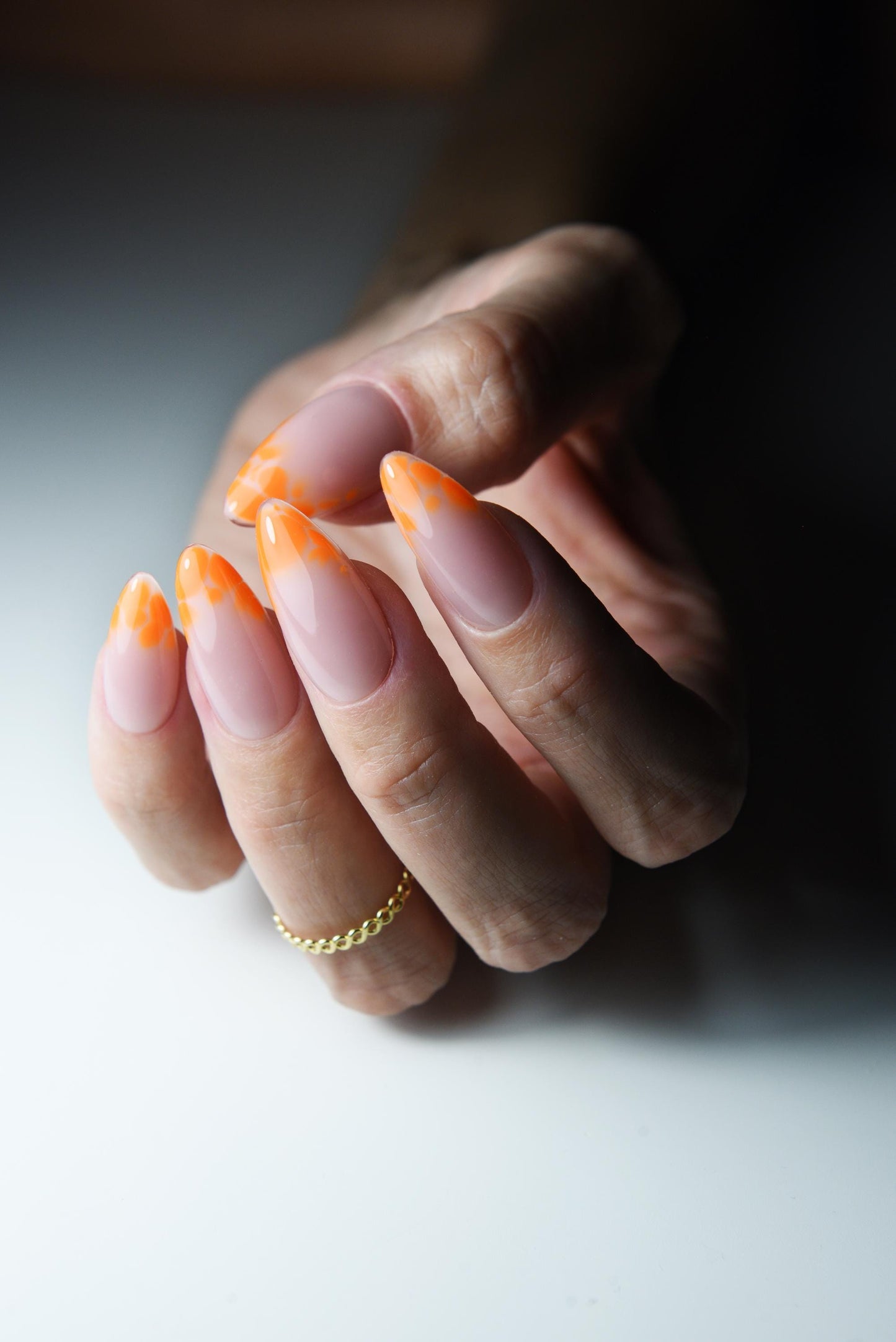 Orange Blooming French Press-On Nails – Handmade Reusable Nail Set, Soft Nude with Orange Tips