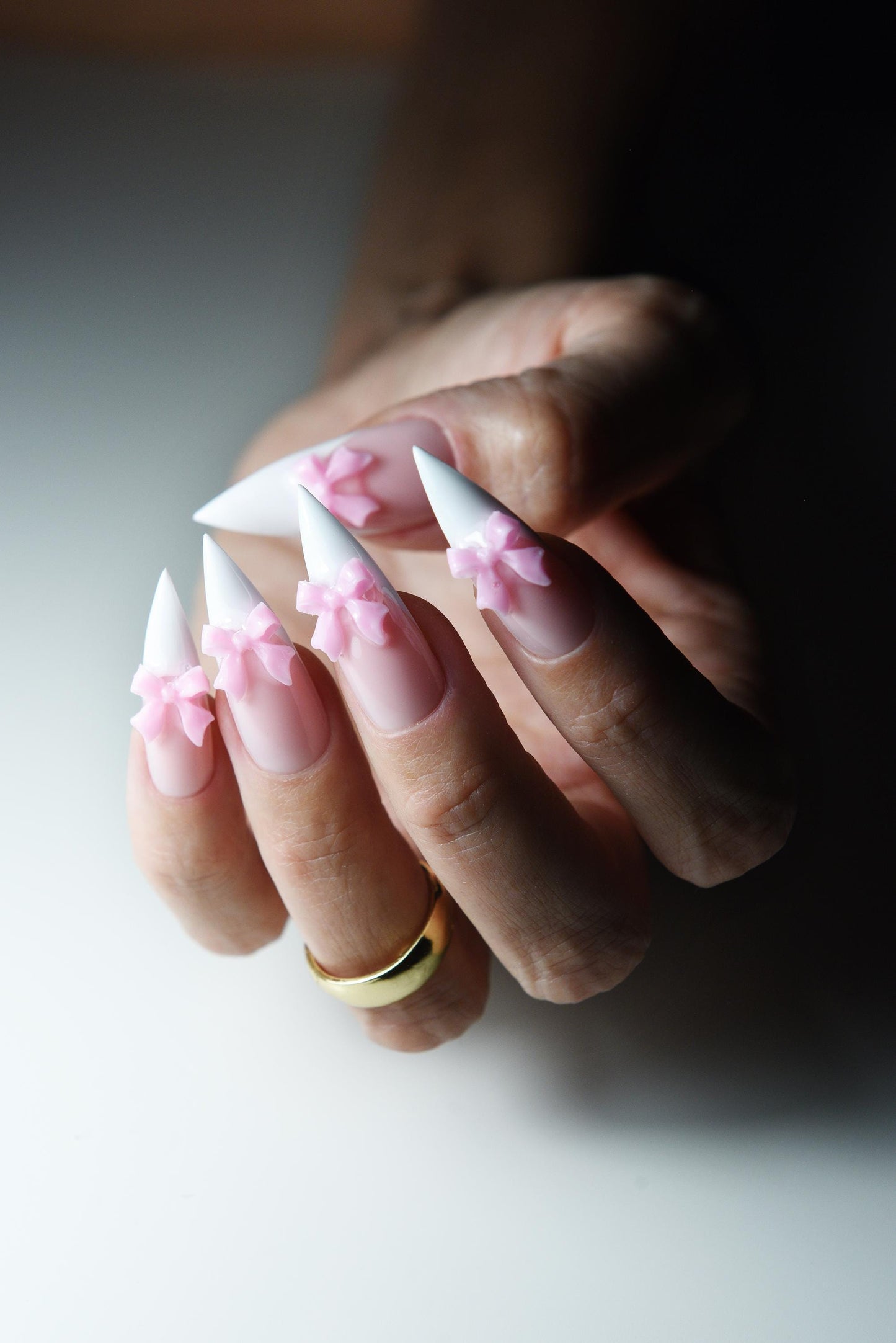 3D Bow Press-On Nails – White French Stiletto Nails – Kawaii Baby Pink Ribbon Tips – Long Handmade Nail Set – Luxury Handmade Reusable Press On Nails