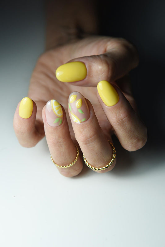 Lemon Nail Art Press On Nails – Glossy Yellow Summer Nails, Cute Citrus Design, Oval or Almond Shape, Custom Fit & Length – Luxury Handmade Reusable Press On Nails