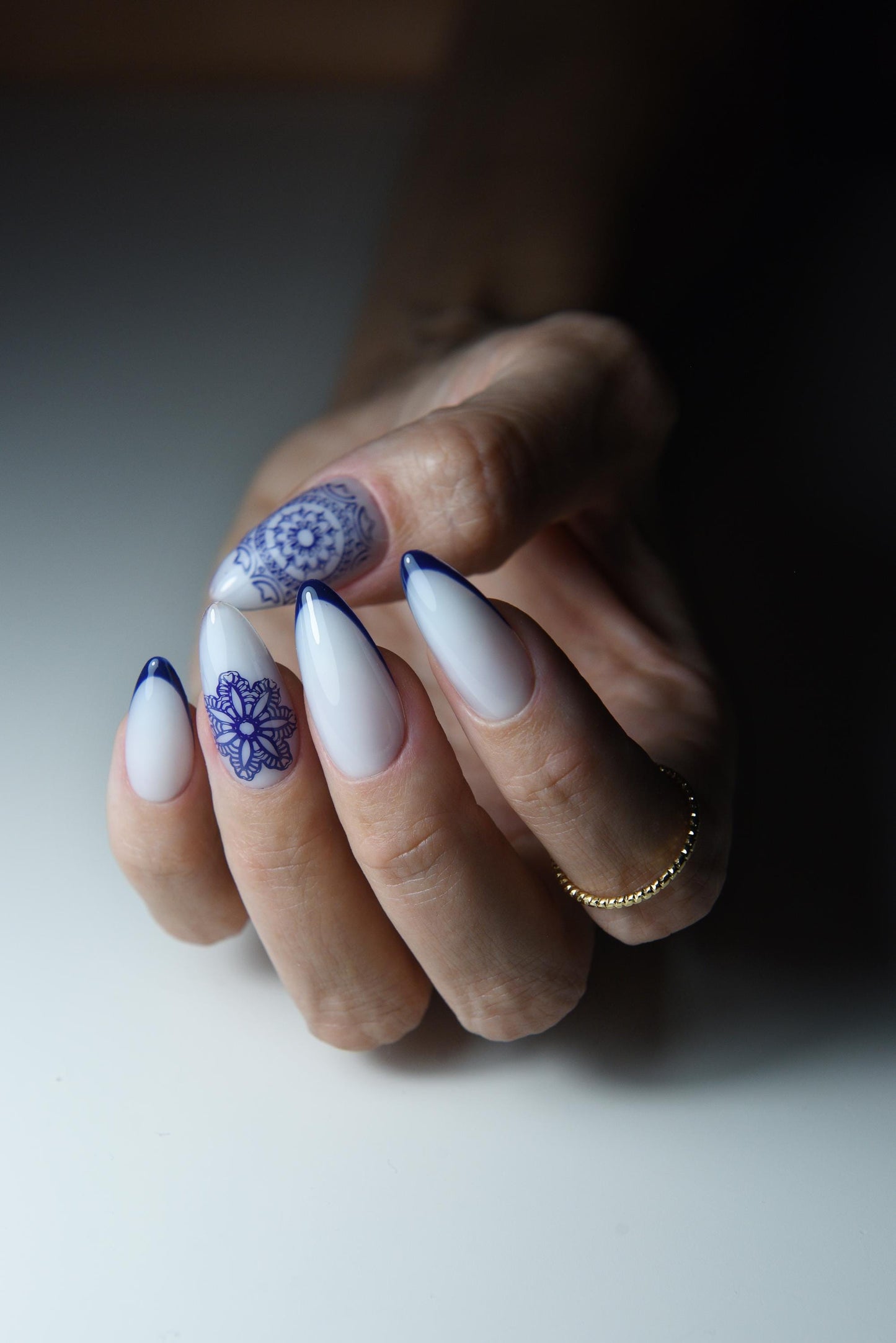 Blue and White Press On Nails – Portugal Tile Inspired Nail Art, Elegant French Tip Nails, Custom Length and Shape