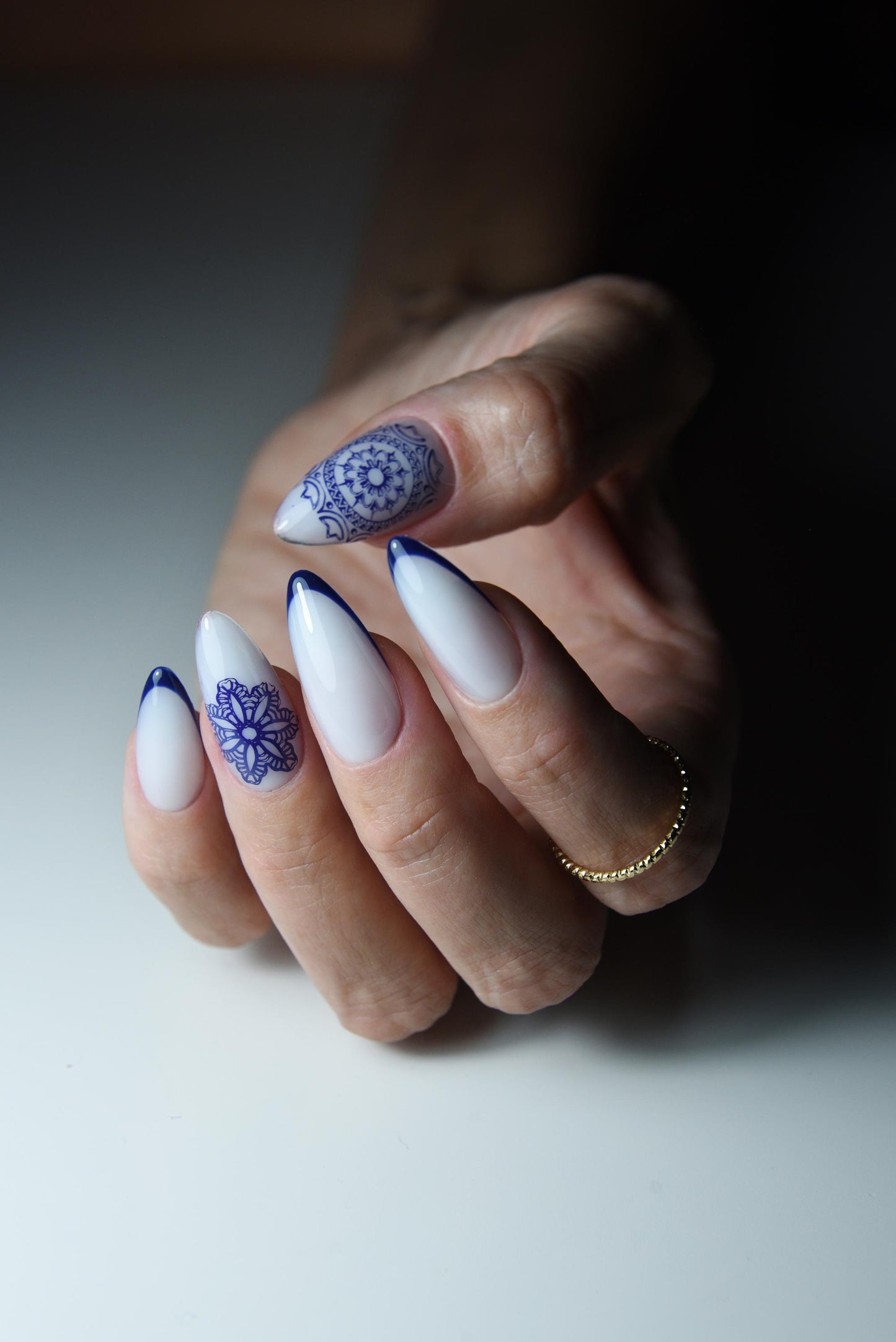 Blue and White Press On Nails – Portugal Tile Inspired Nail Art, Elegant French Tip Nails, Custom Length and Shape