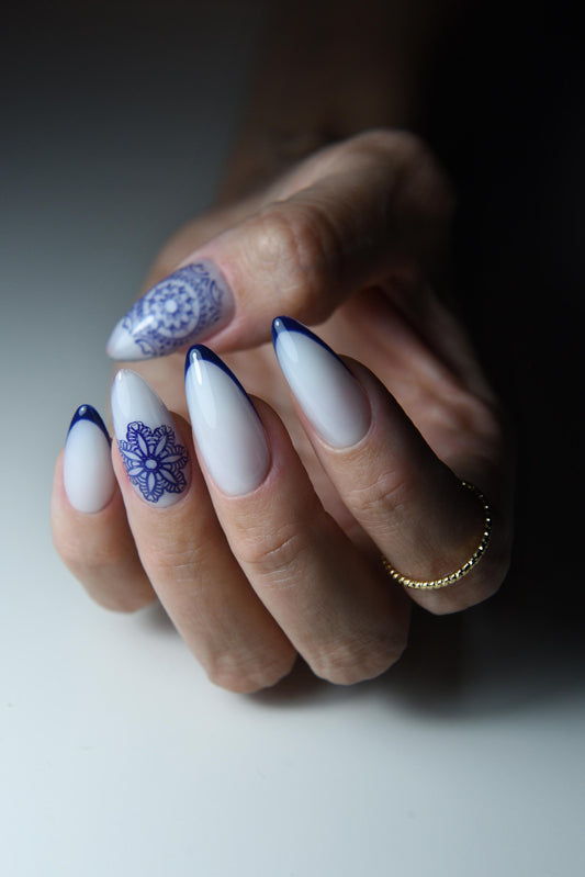 Blue and White Press On Nails – Portugal Tile Inspired Nail Art, Elegant French Tip Nails, Custom Length and Shape