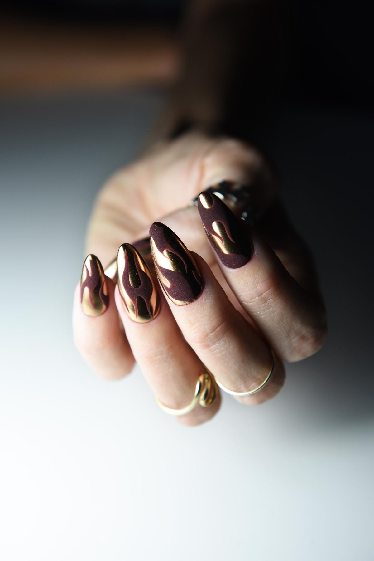 Bronze copper mirror chrome press-on nails with dark matte flame art