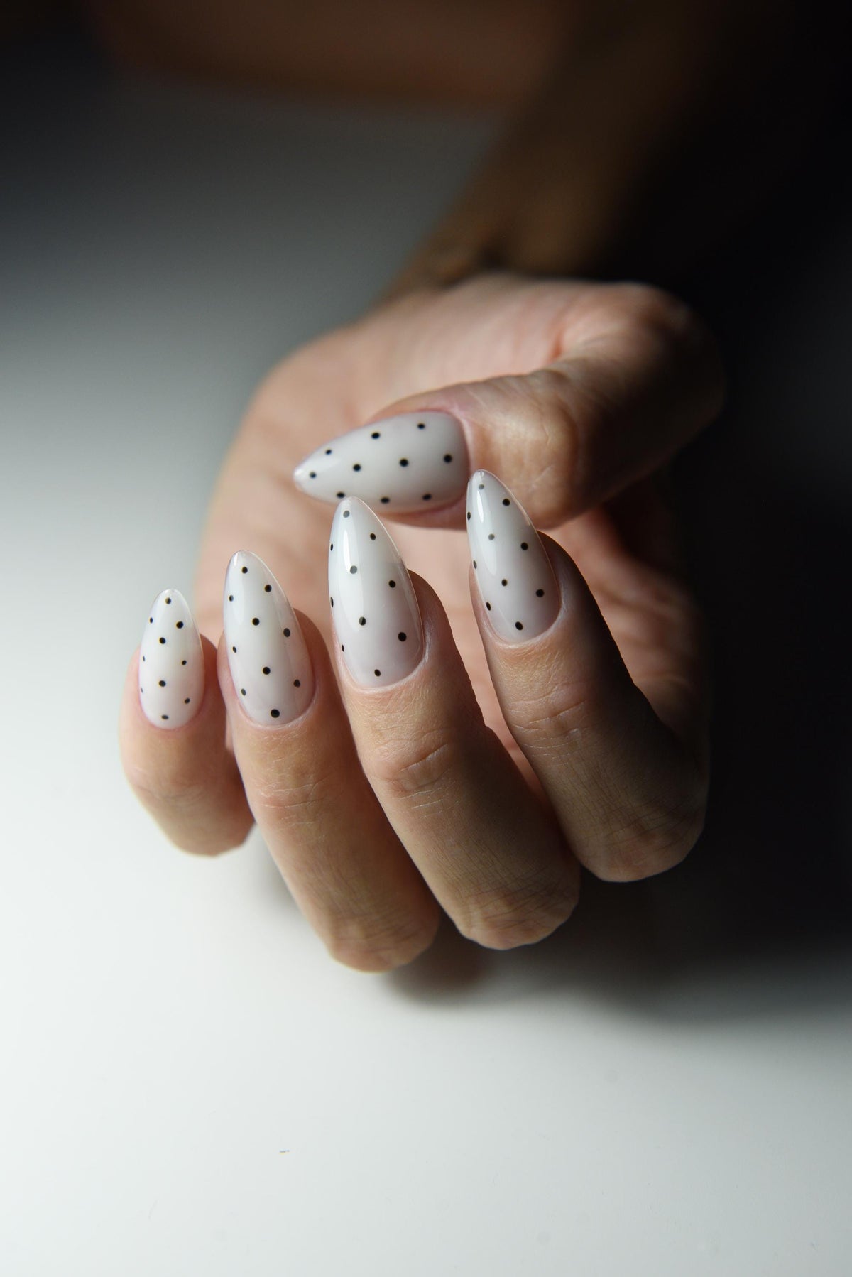 Milky Polka Dot Press-On Nails – Black Micro Dots